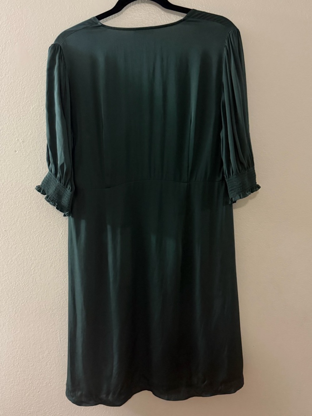 Quince Washable Stretch Silk V-Neck Smocked Sleeve Mini Dress Forest Green L - Picture 10 of 10